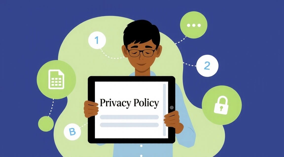 Ilustración de una persona leyendo un documento de privacidad con iconos de seguridad y protección de datos.