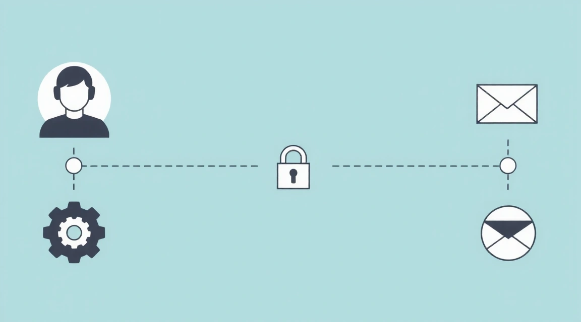 Ilustración que muestra el flujo de datos desde el usuario a un sistema seguro, con iconos de engranajes, un candado y un sobre, simbolizando procesamiento, seguridad y comunicación.