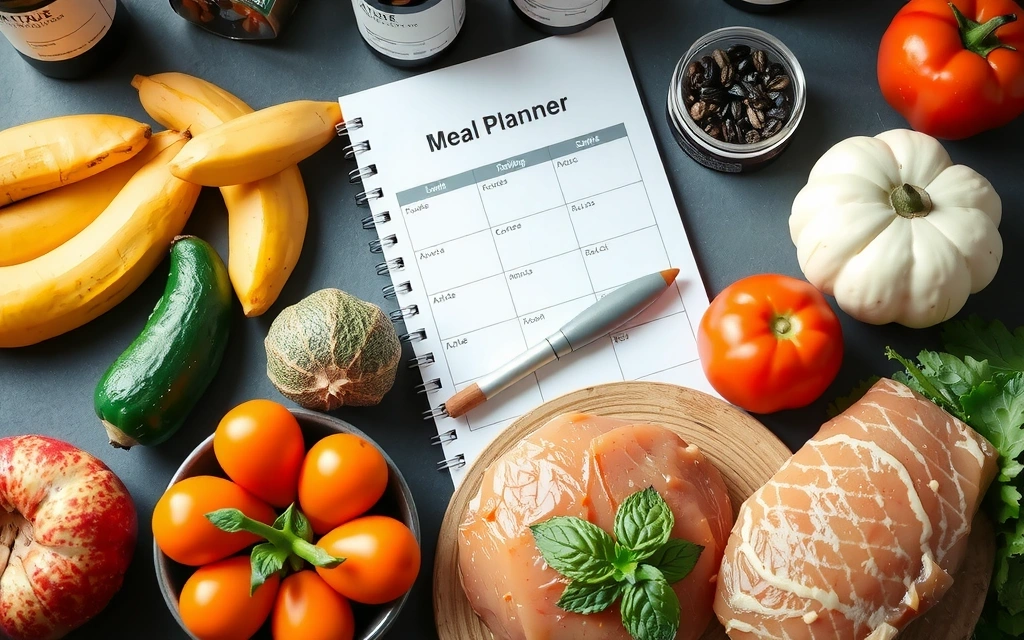 Mesa con plan de comidas personalizado, alimentos saludables y suplementos.